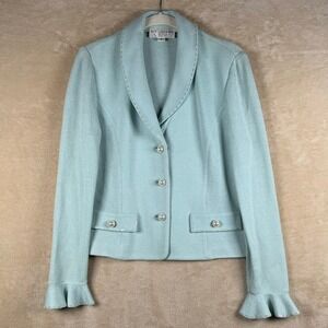St. John Evening Light Greenish Blue Knit Blazer Beaded Collar Pearls Sz 6 READ